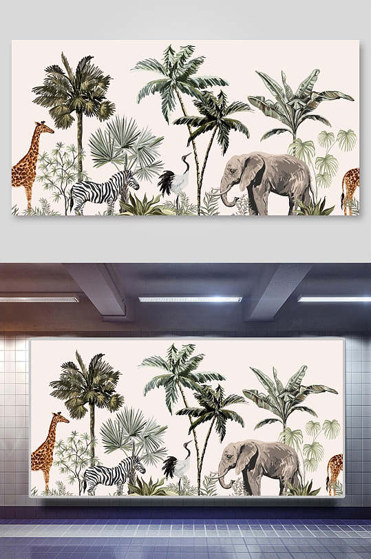 创意大象斑马长颈鹿手绘棕榈树矢量插画