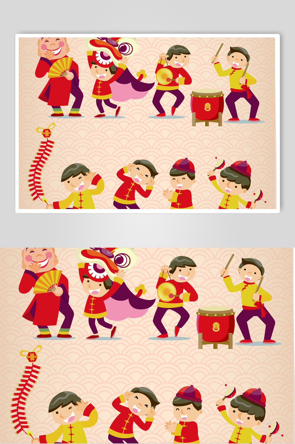 创意鞭炮打鼓喜庆舞狮插画素材