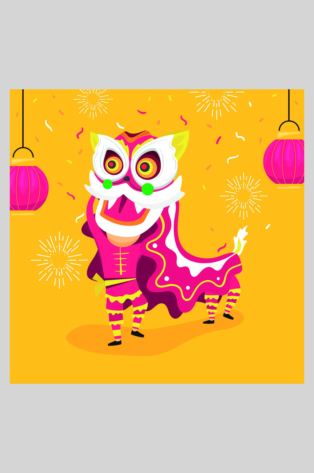 黄色烟花灯笼喜庆舞狮插画素材