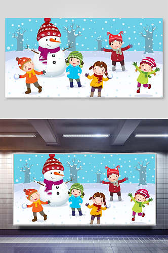 横版雪人儿童矢量圣诞插画