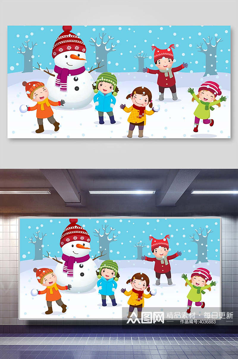 横版雪人儿童矢量圣诞插画素材