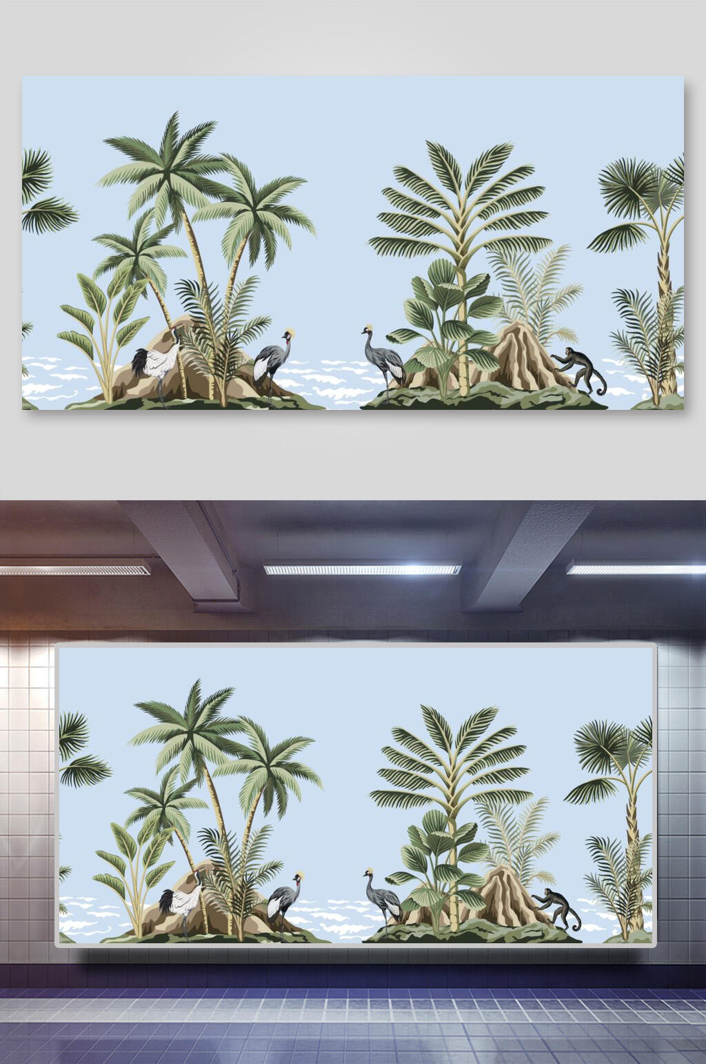 优雅高端树木鸟兽手绘棕榈树矢量插画素材