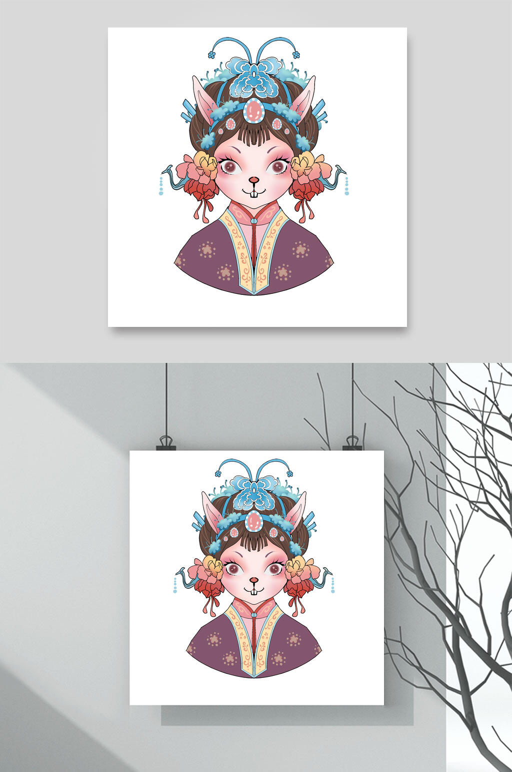 国潮风京剧兔子动物形象插画素材素材