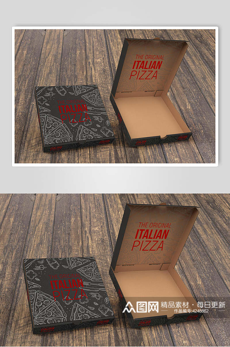 英文木地板披萨包装盒设计样机素材