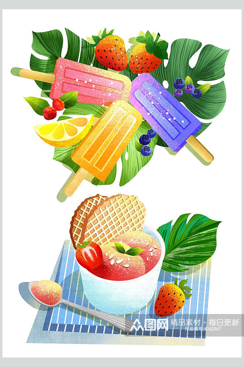 美味草莓手绘甜品美食素材素材