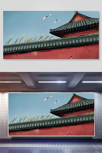 蓝红手绘高端创意清新中式屋檐背景
