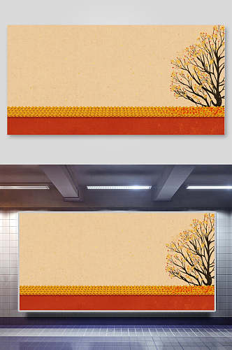 树木高端创意黄红清新中式屋檐背景
