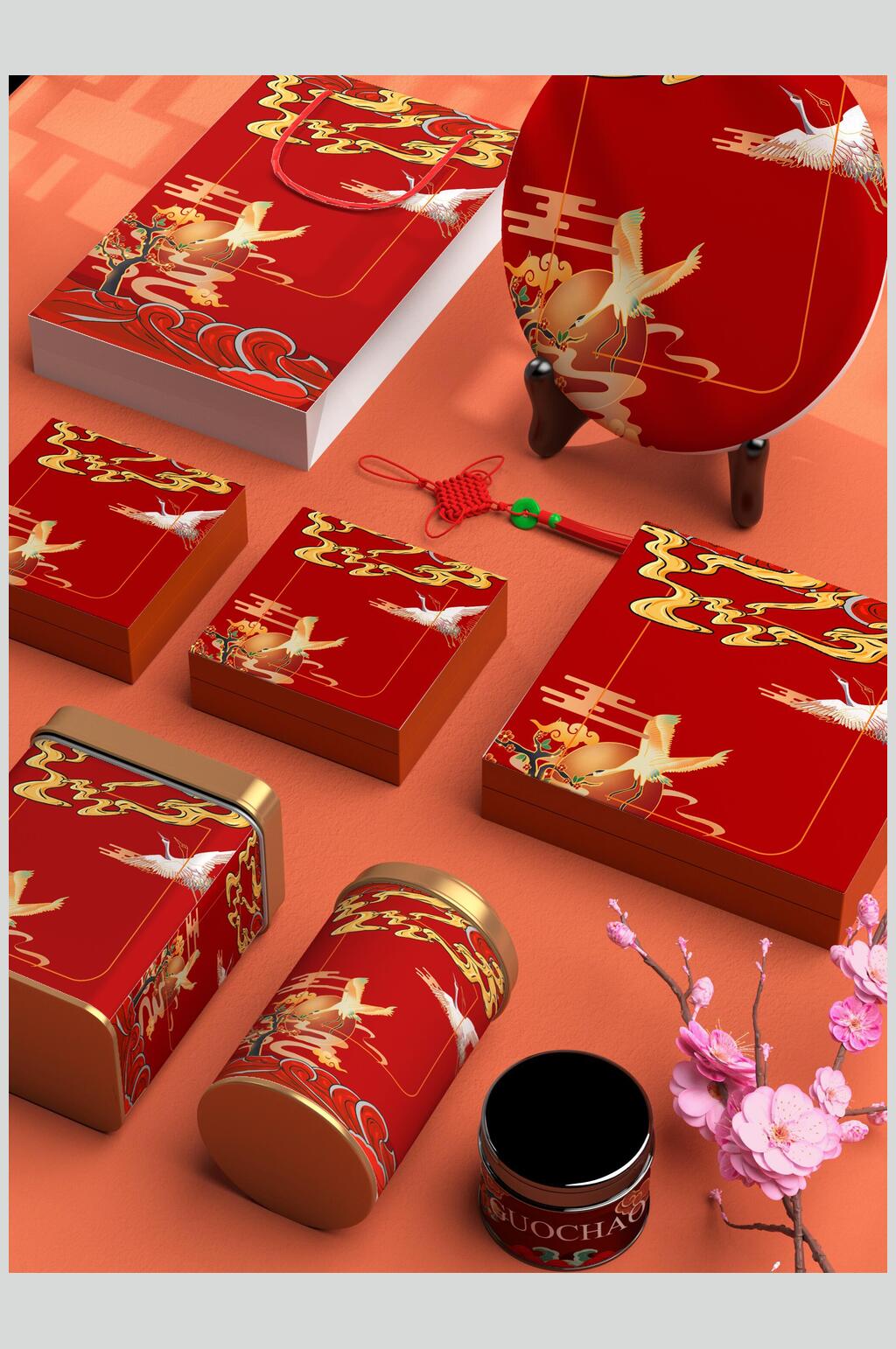 花朵树枝云中式文创产品VI样机素材