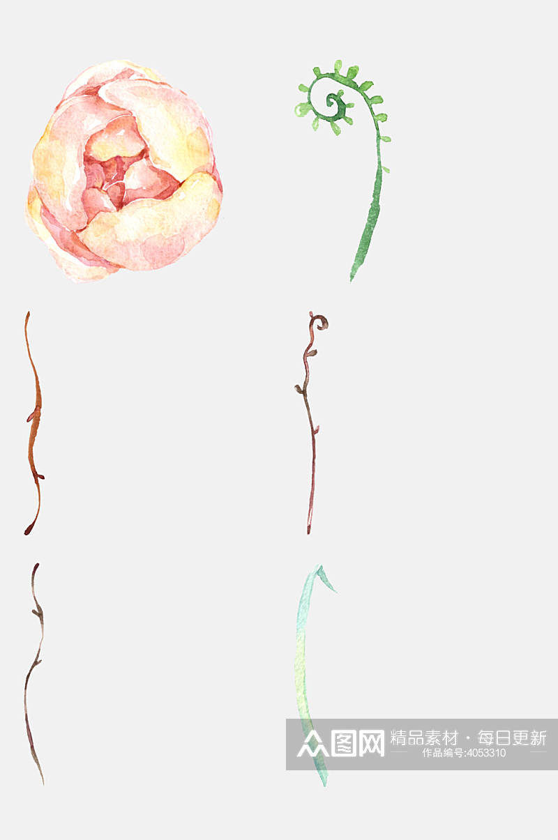 花苞森系手绘水彩粉嫩花卉免抠素材素材