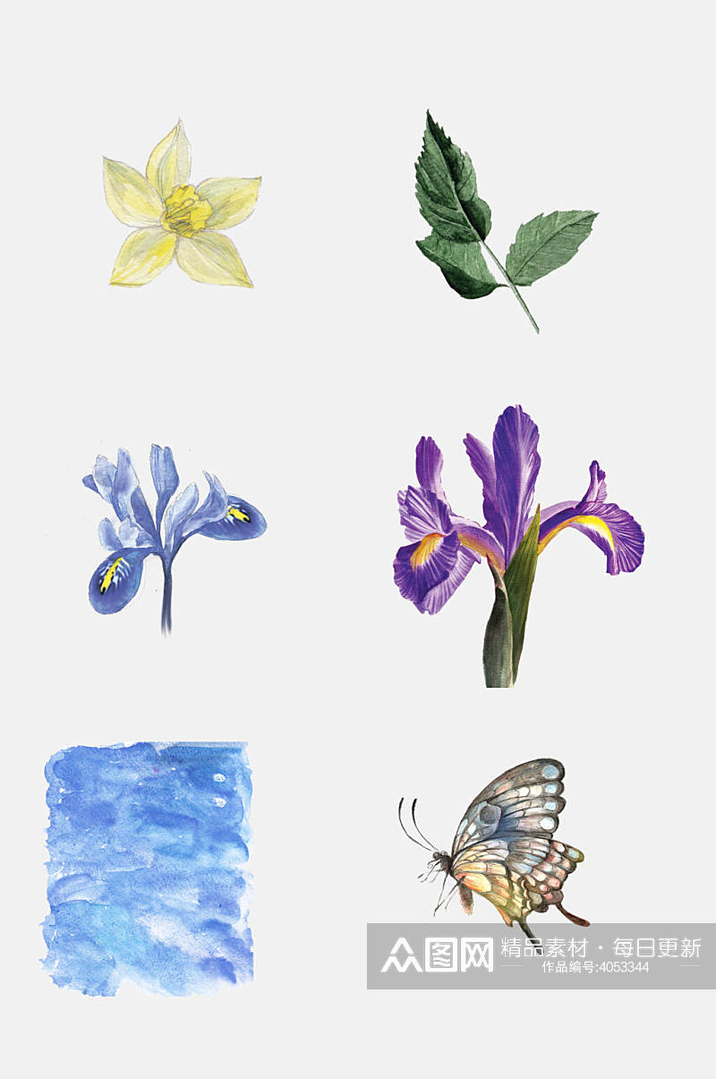 蓝色简约水彩动物植物蝴蝶花卉免抠素材素材