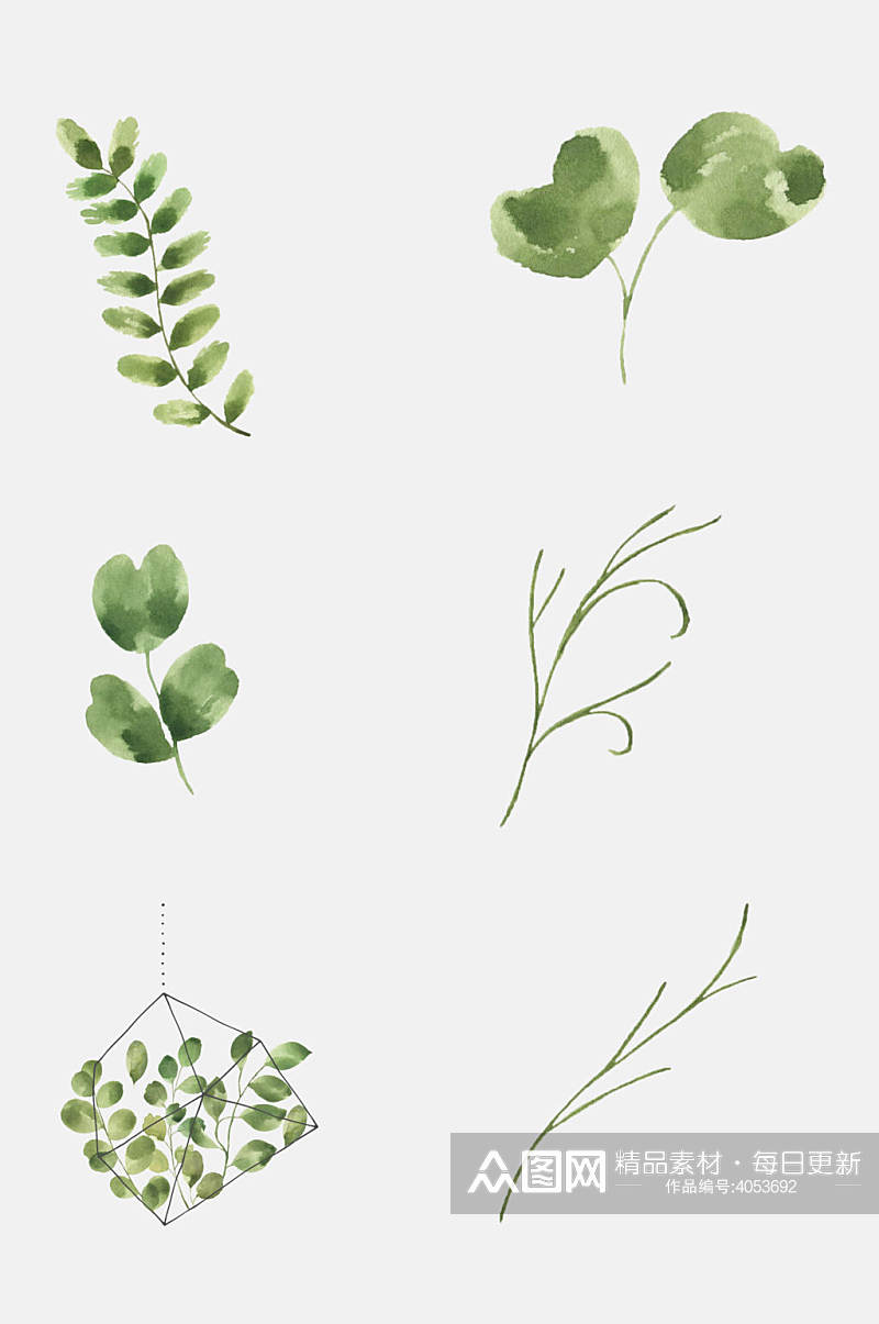 小清新绿色手绘水彩植物免抠素材素材