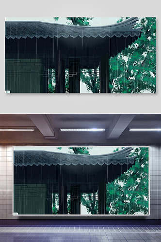 房梁绿色叶子高端创意中式屋檐背景