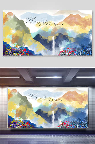 水彩风创意中国风山水插画
