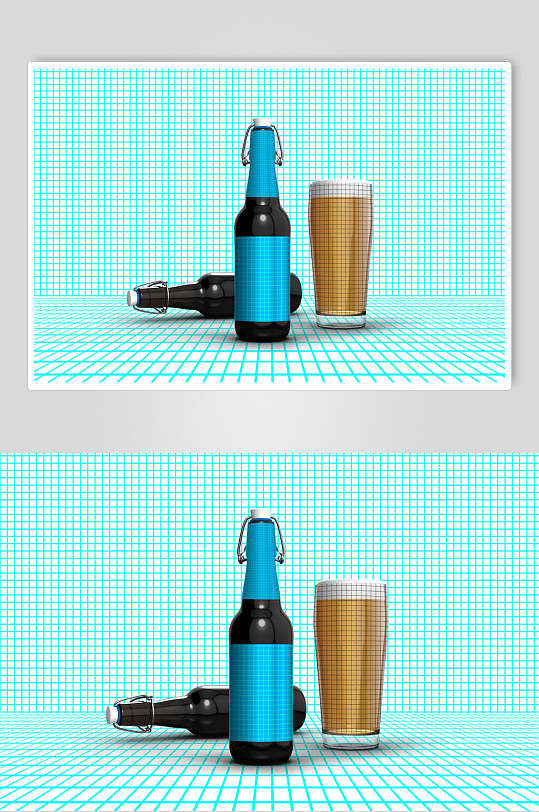简约瓶子蓝色杯子啤酒瓶设计样机