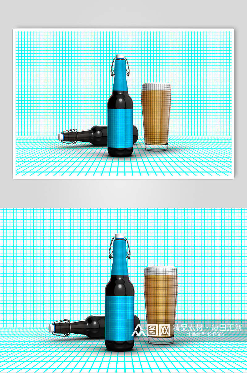 简约瓶子蓝色杯子啤酒瓶设计样机素材