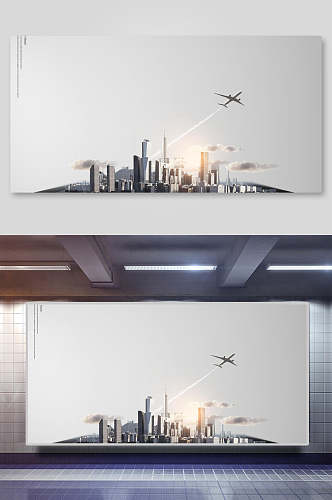 灰色飞机高端创意手机城市合成背景