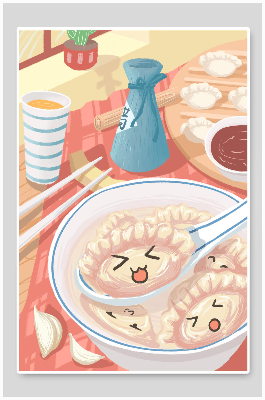 饺子手绘竖版冬至节气插画素材