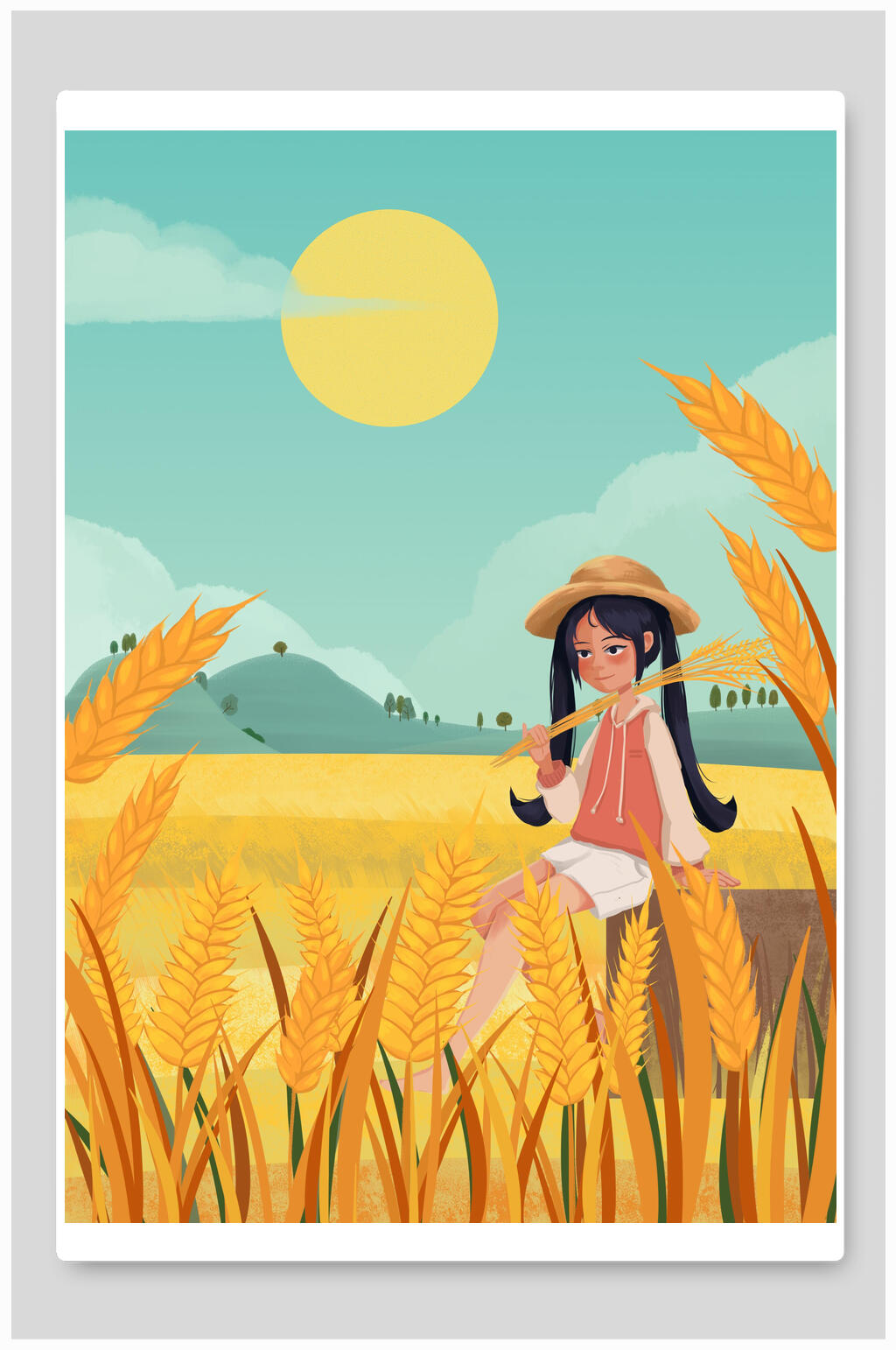 创意小麦人物高山丰收节插画素材