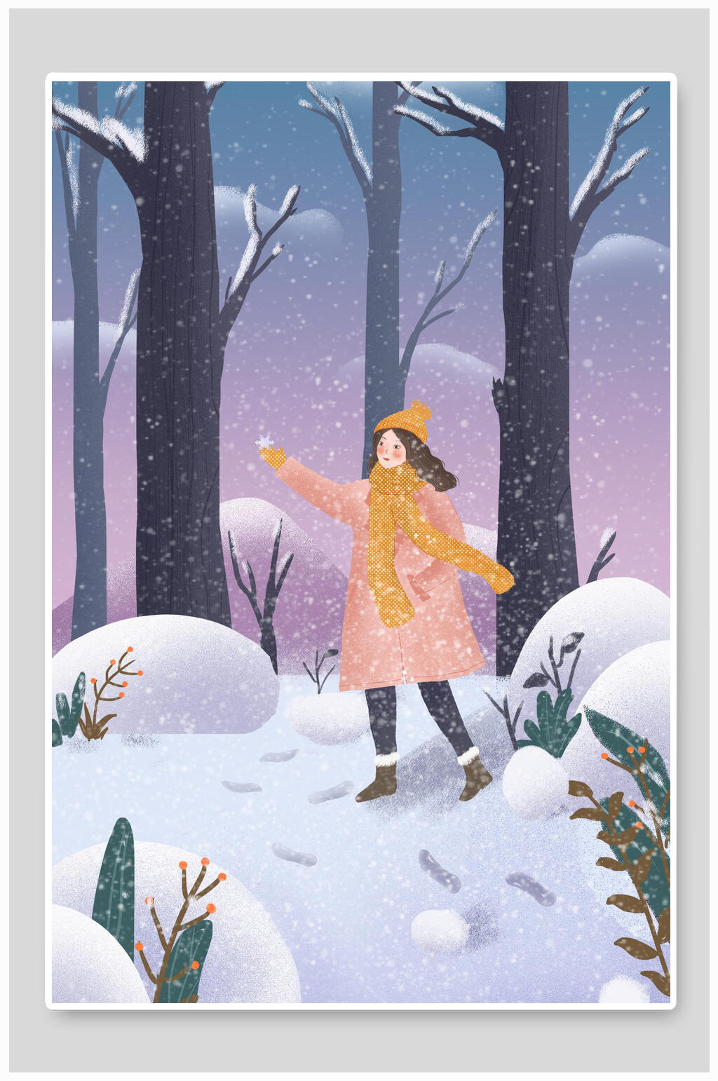 唯美大气植物人物大雪插画素材