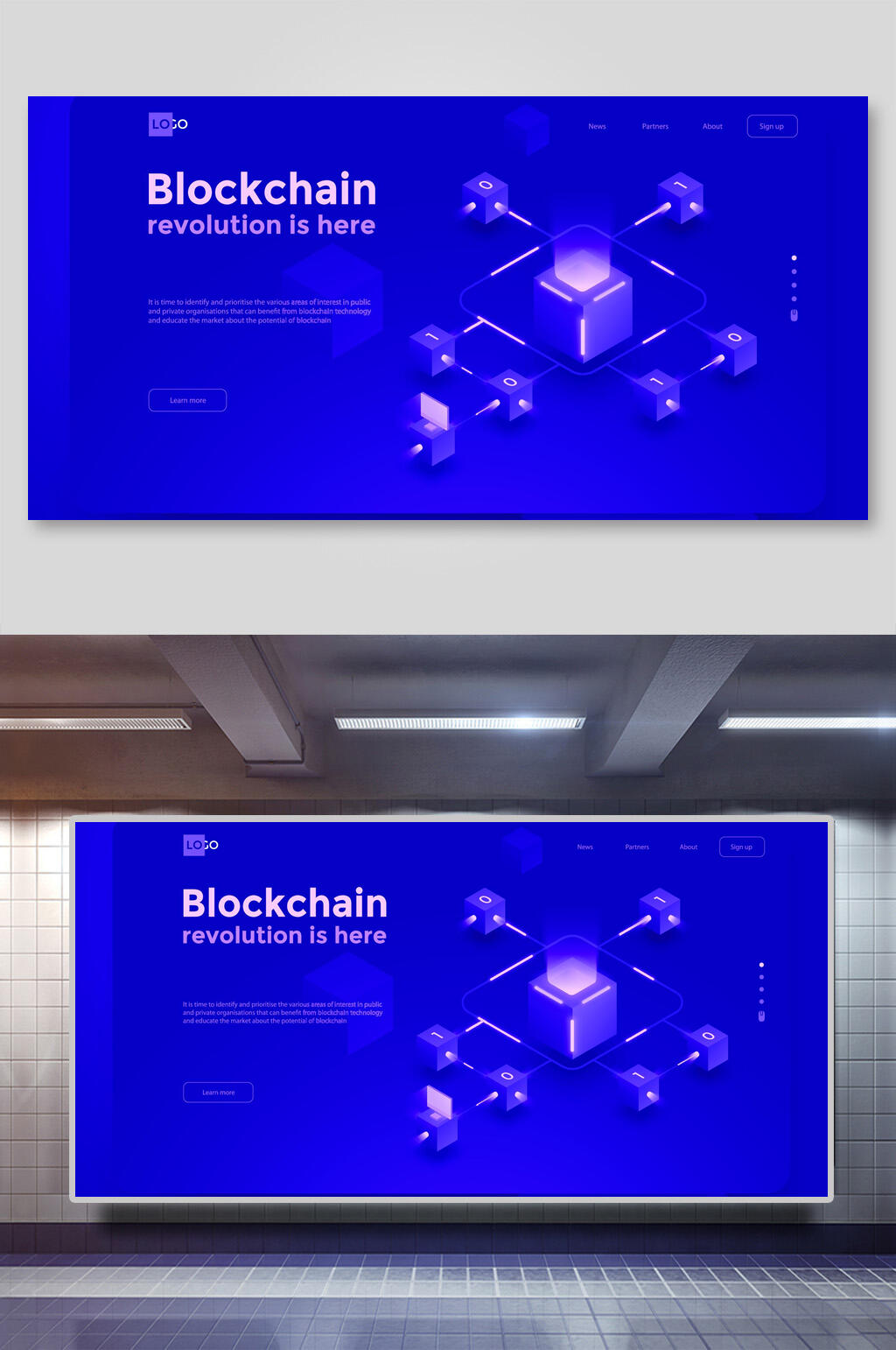 蓝色创意英文区块链办公矢量插画素材
