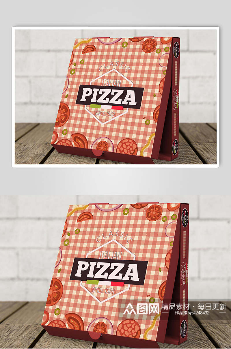 简约英文木地板披萨包装盒设计样机素材