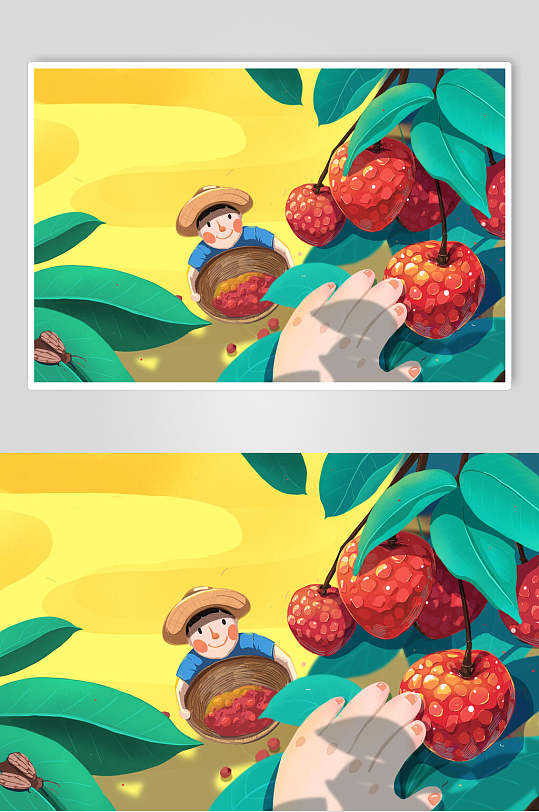 创意摘荔枝丰收节插画