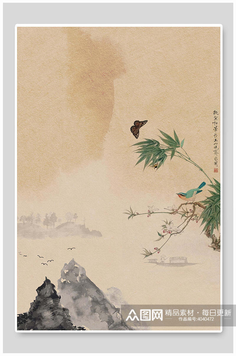 高端时尚树枝叶子山峰古典中国风背景素材