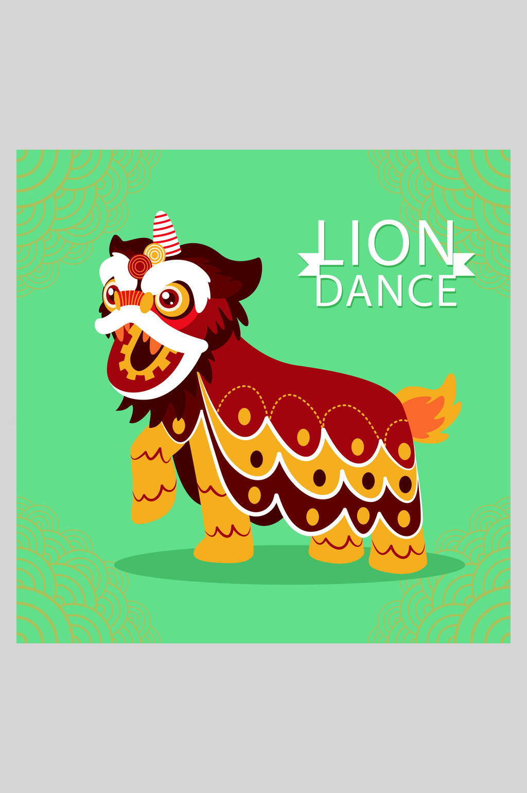 绿色创意祥云英文喜庆舞狮插画素材