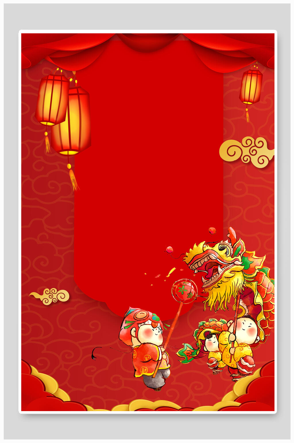 灯笼可爱祥云手绘红色喜庆新年背景素材