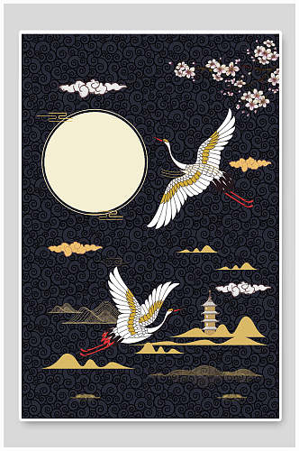 月光仙鹤花朵高端创意国潮海报背景