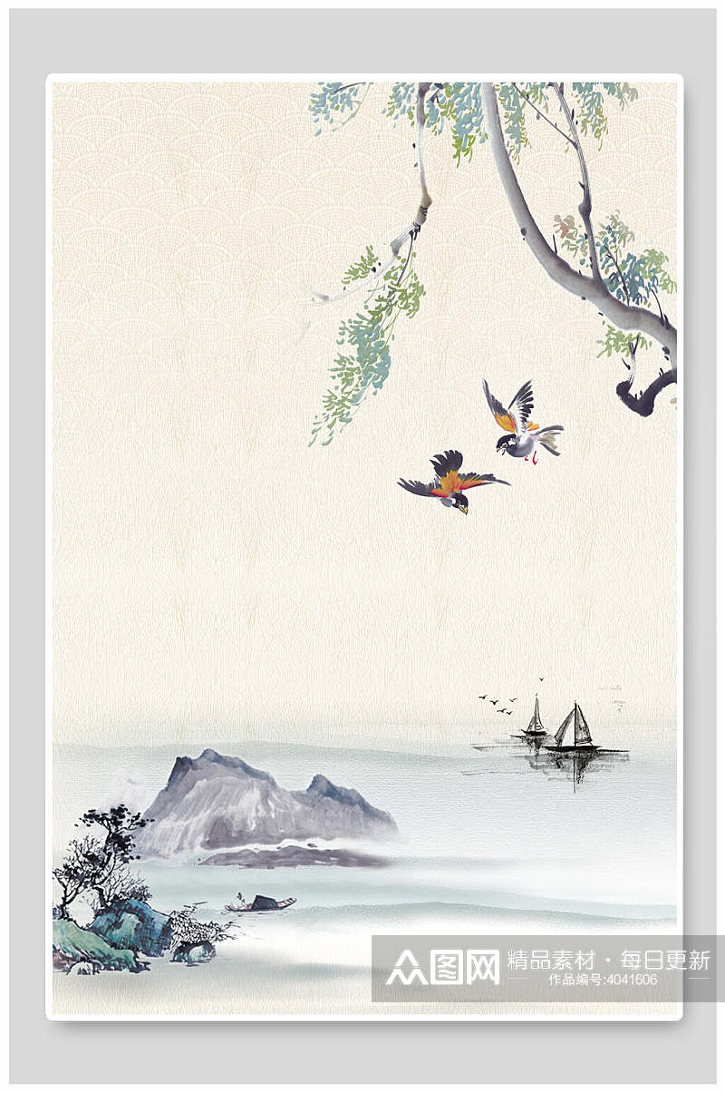 高端时尚山间船支鸟古典中国风背景素材
