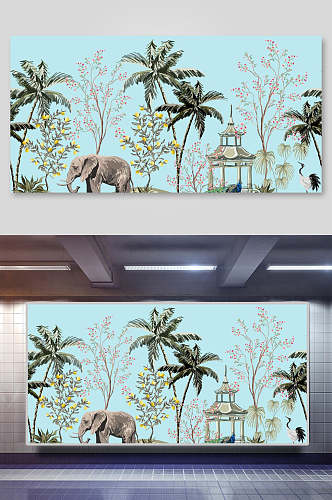 大象手绘棕榈树矢量插画