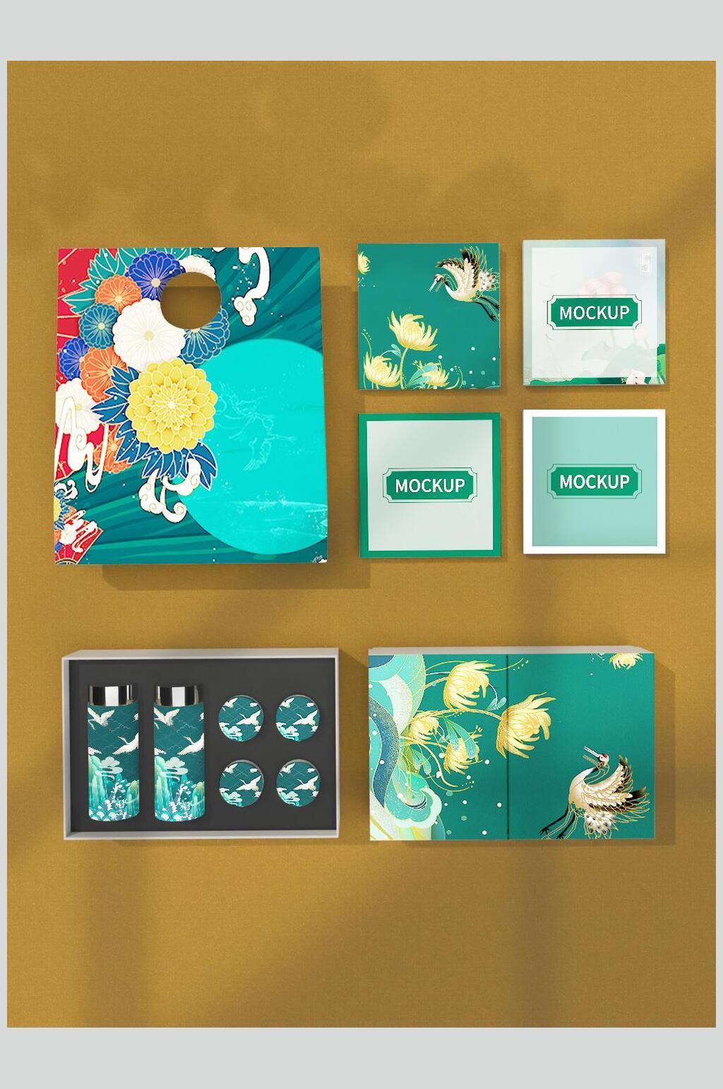 仙鹤花朵叶子中式文创产品VI样机素材