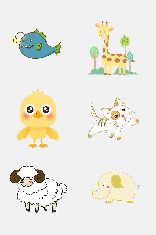 電魚長頸鹿綿陽大象卡通動物免摳素材