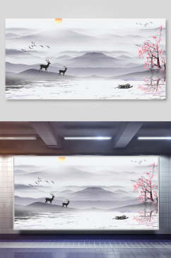 典雅大气麋鹿中国风山水插画