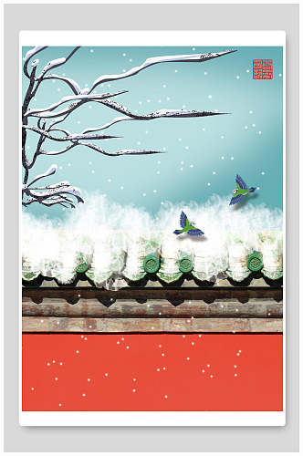 高端时尚落雪鸟中国风国潮壁画背景