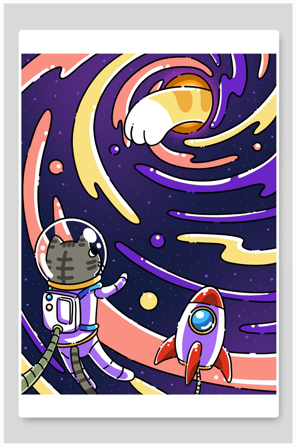 紫色手绘插画猫咪宇宙探索素材
