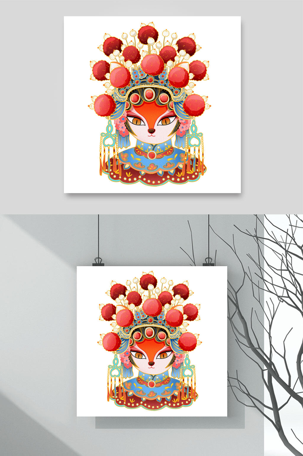 国潮风京剧狐狸形象插画素材素材