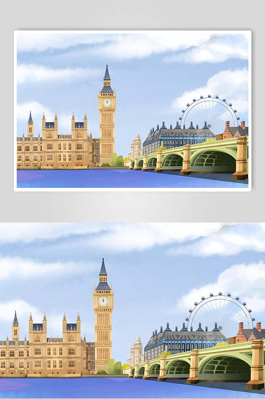 创意大气时钟伦敦巴黎铁塔插画