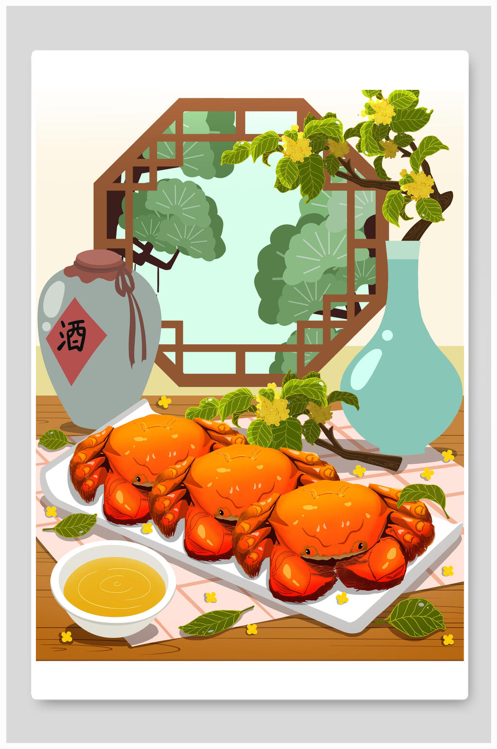 创意桂花酒大闸蟹美食插画素材