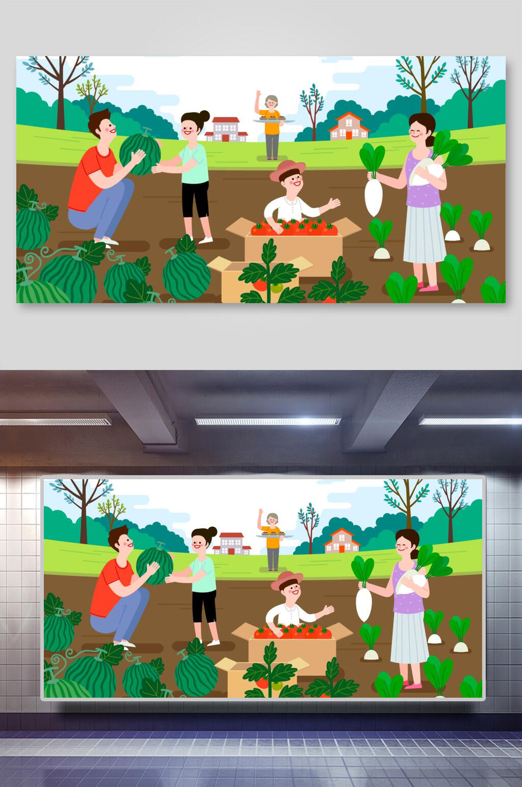 西瓜农场劳作亲子团建活动矢量插画素材
