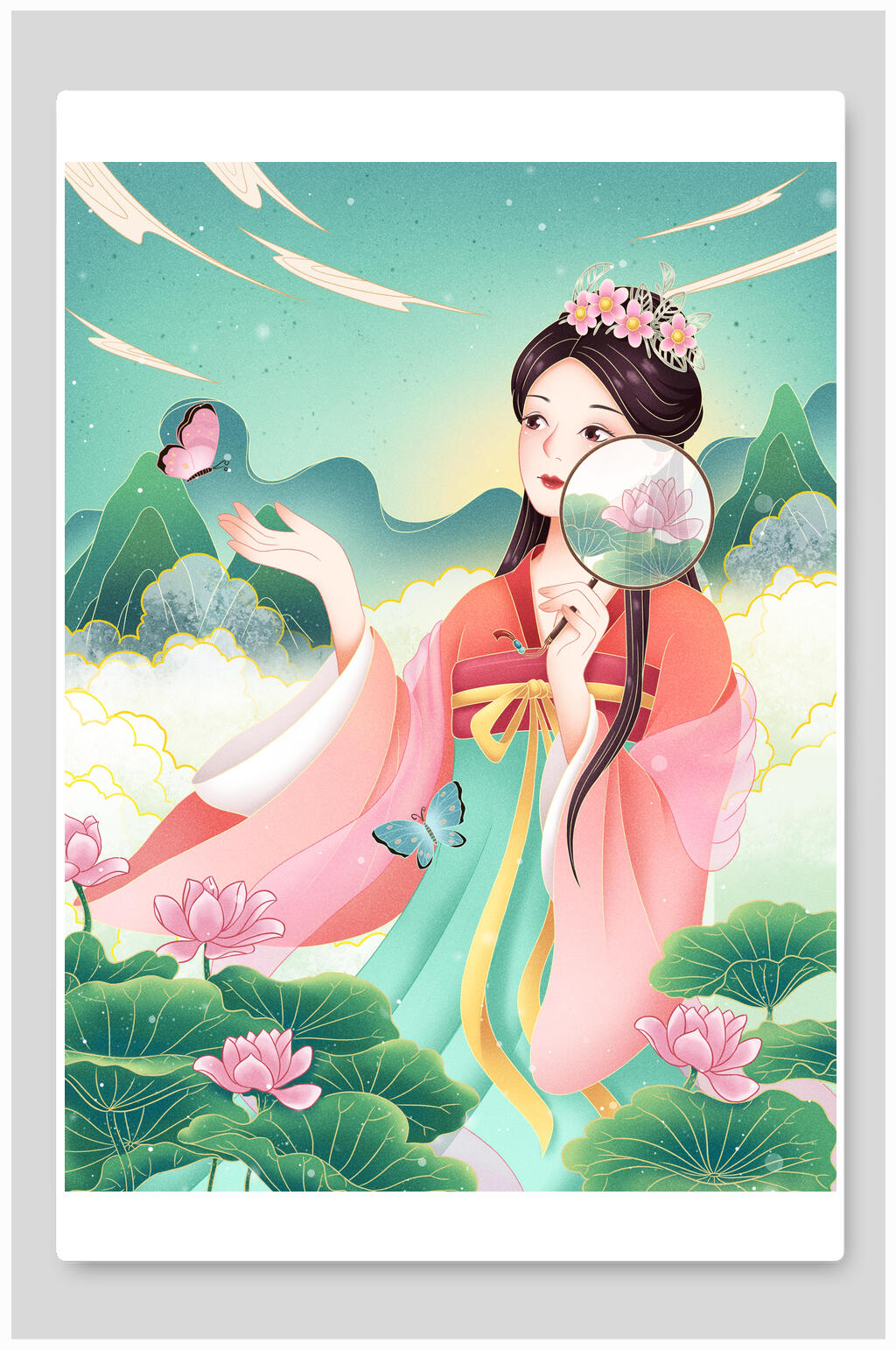 荷花国潮插画素材