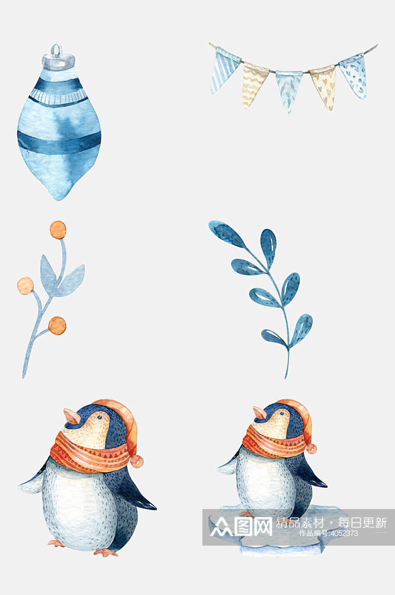 叶子蓝色手绘唯美冬季企鹅免抠素材素材