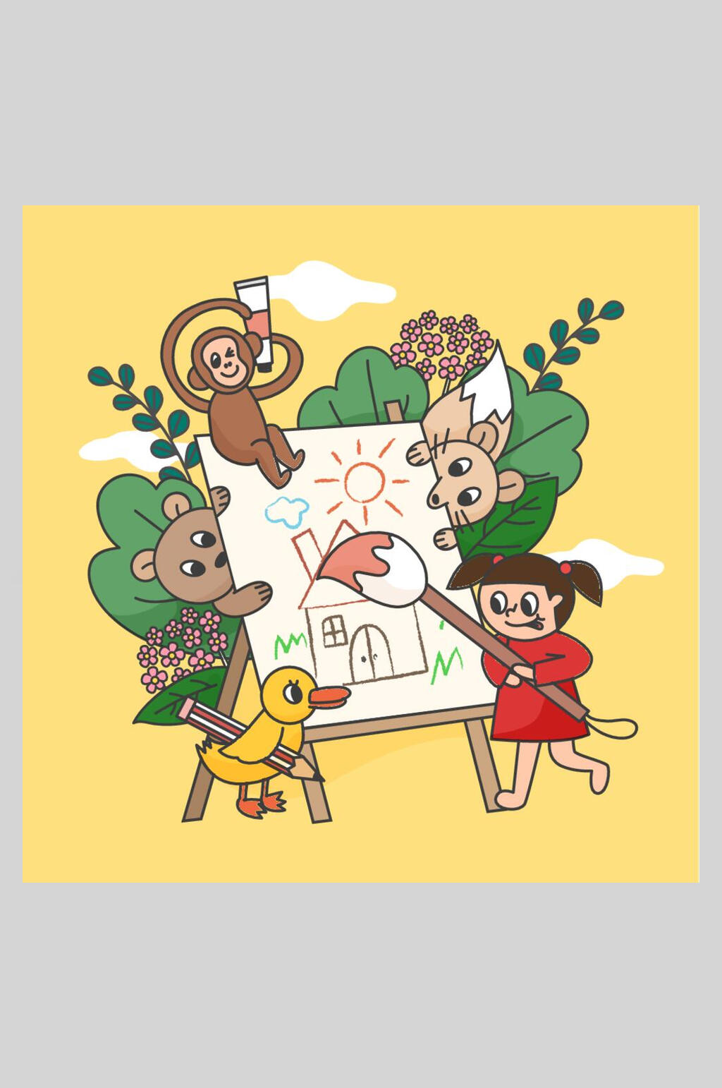 优雅高端毛笔鸭植物女孩裙子童话插画素材