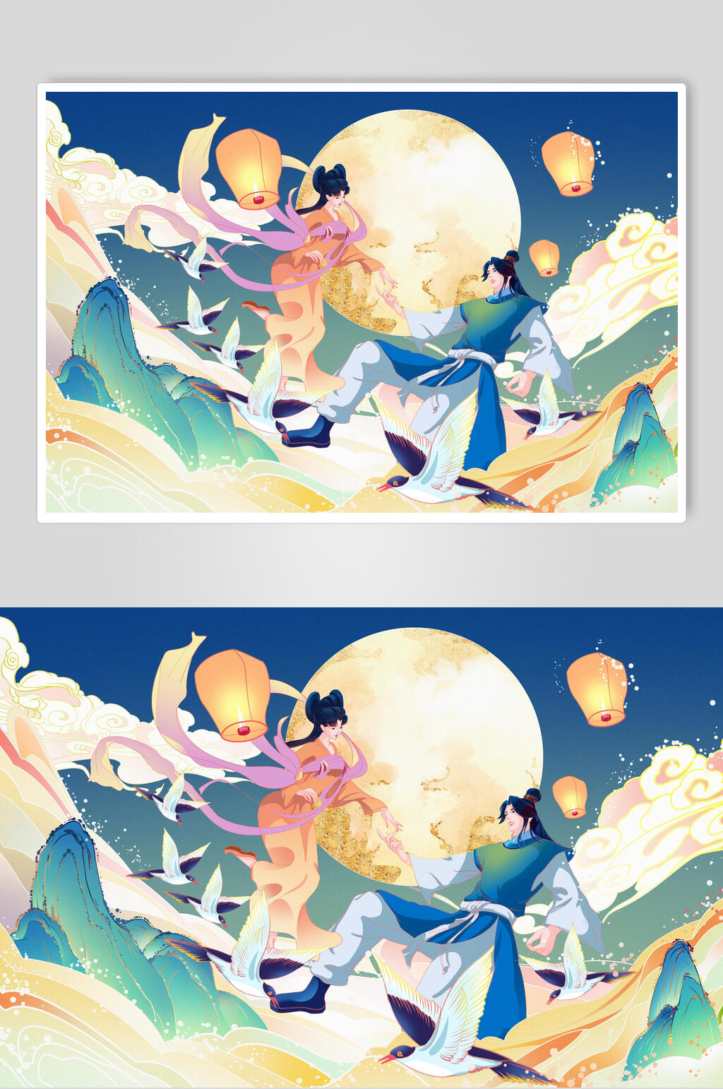 唯美国潮风仙鹤七夕情人节插画素材