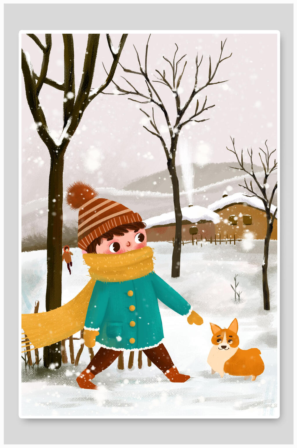 创意时尚狗狗大雪插画素材