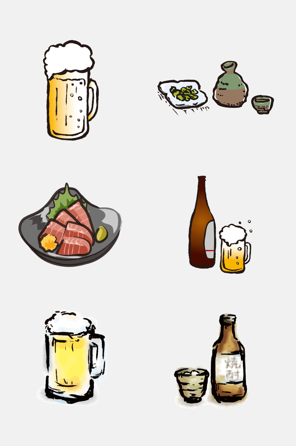 啤酒刺身手绘卡通日式居酒屋美食免抠素材素材