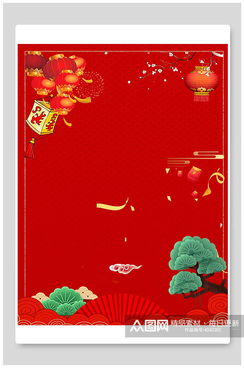 灯笼树木手绘创意红色喜庆新年背景素材