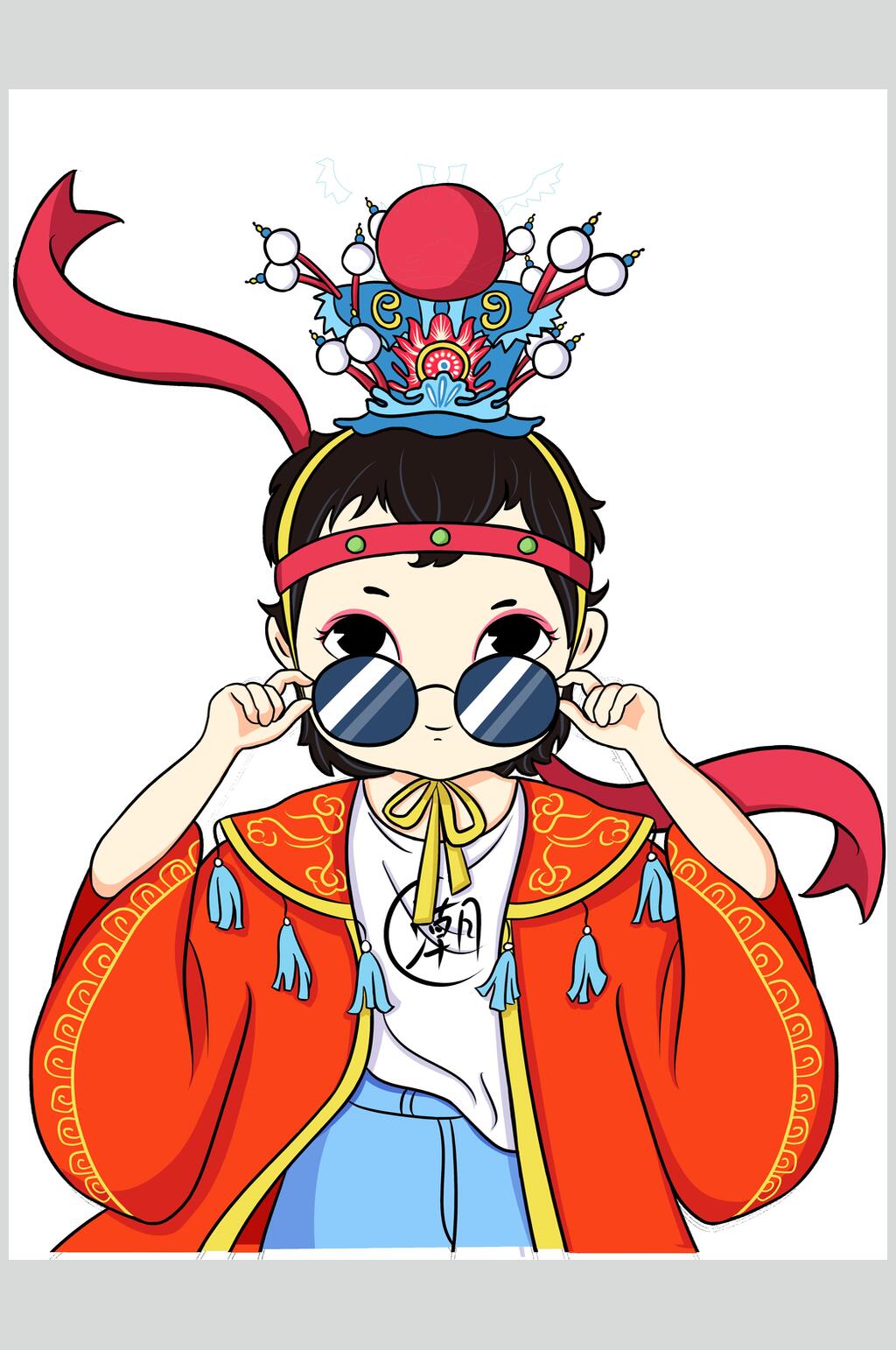 大气墨镜国潮风京剧形象插画素材素材