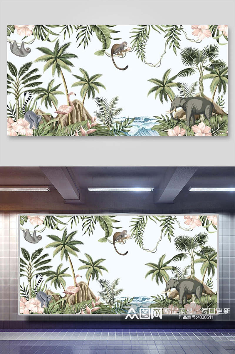 大气大象猴子手绘棕榈树矢量插画素材